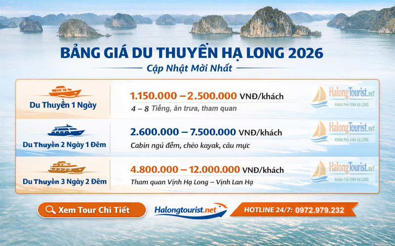 Bảng giá du thuyền Hạ Long 1 ngày, 2 ngày 1 đêm, 3 ngày 2 đêm