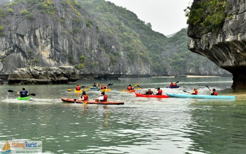 Du khách chèo kayak khám phá vịnh Lan Hạ Cát Bà