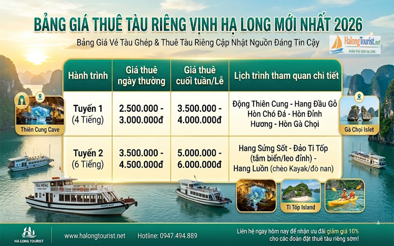 Bảng giá thuê tàu riêng thăm Vịnh Hạ Long 4 tiếng - 6 tiếng